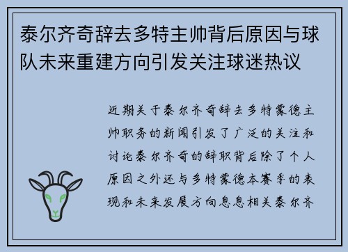泰尔齐奇辞去多特主帅背后原因与球队未来重建方向引发关注球迷热议