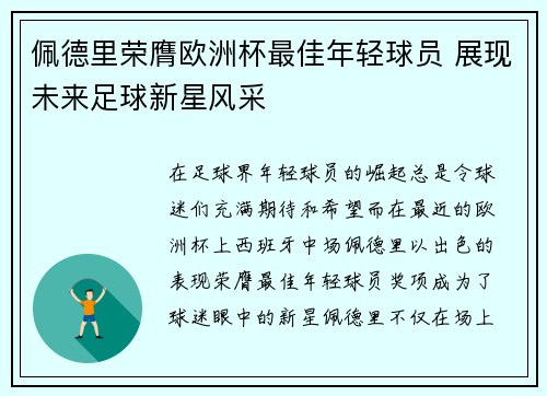佩德里荣膺欧洲杯最佳年轻球员 展现未来足球新星风采